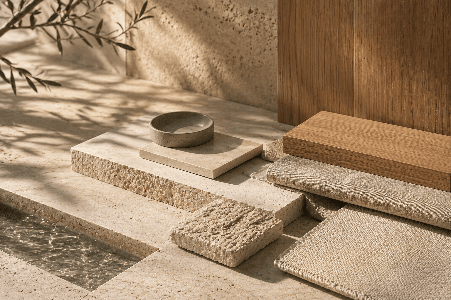 Quiet, material-led study — travertine, oak and linen